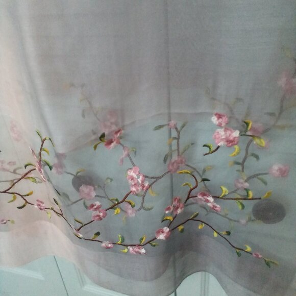 DUSTY PINK GREY OMBRE 40% SILK 60% WOOL LONG SHEER EMBROIDERED JAPANESE BLOSSOMS - Picture 5 of 10